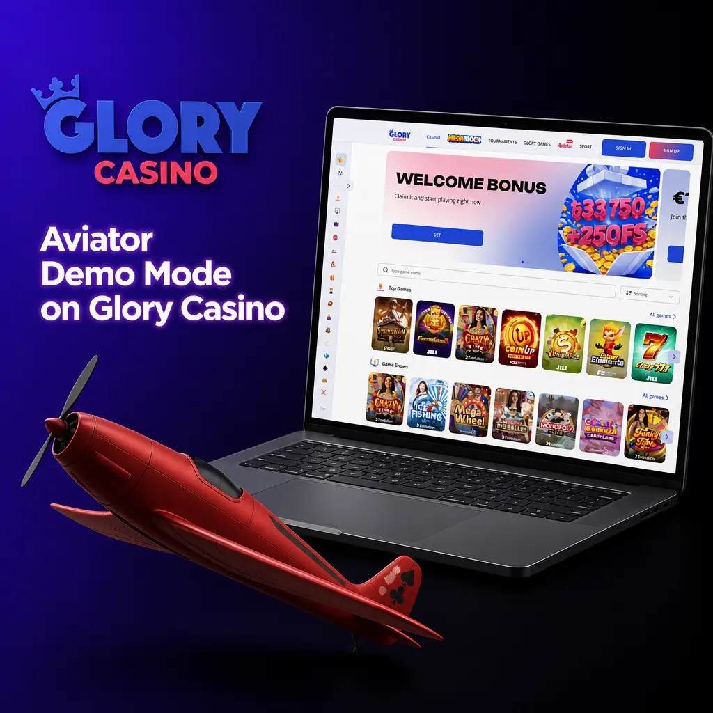 Aviator demo mode on Glory Casino showing virtual credits, betting limits, and multiplier curve before registration