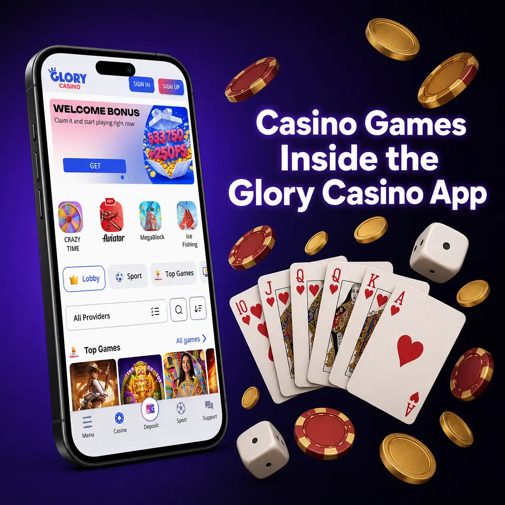 Glory Casino app casino lobby with Pragmatic Play, Evolution slots, live dealer tables, and weekly cashback promotions
