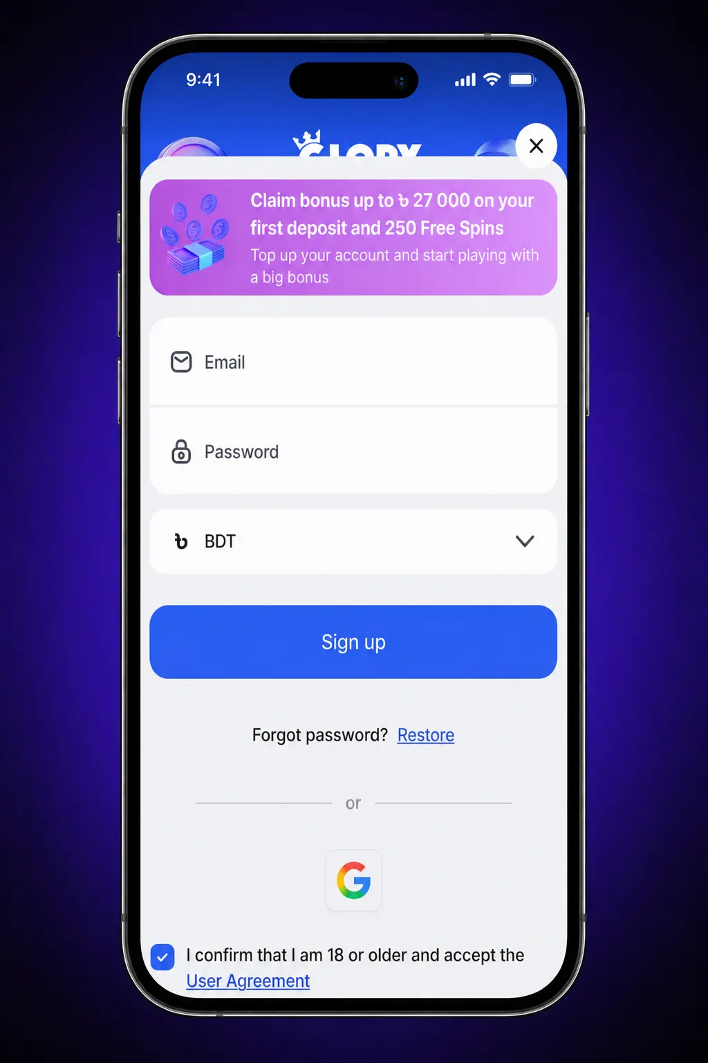 Step-by-step deposit instructions for Glory Casino Bangladesh showing login, payment method selection, and wallet top-up process