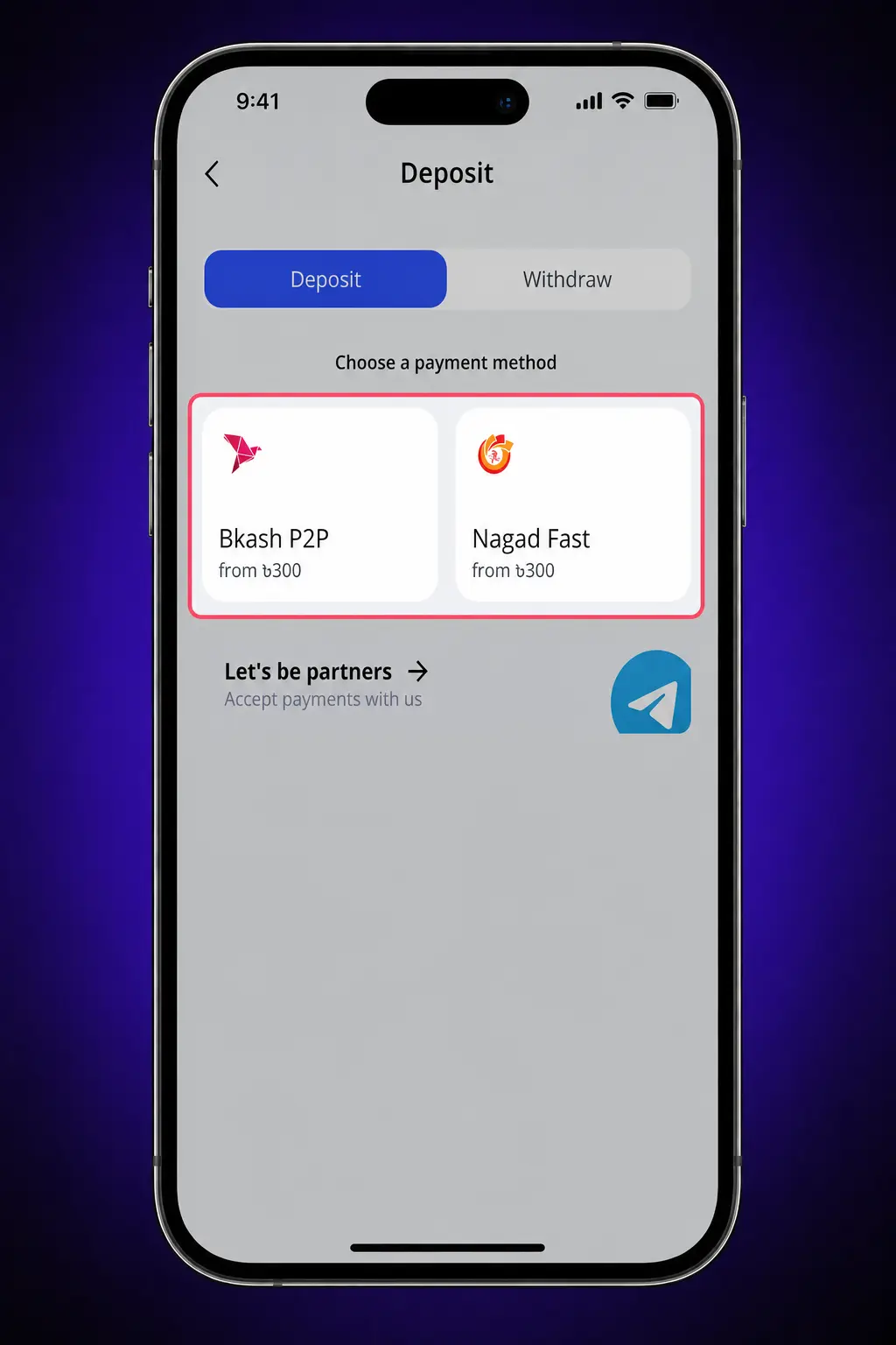 Step-by-step deposit instructions at Glory Casino showing login, payment method selection, and wallet confirmation for Bangladesh users