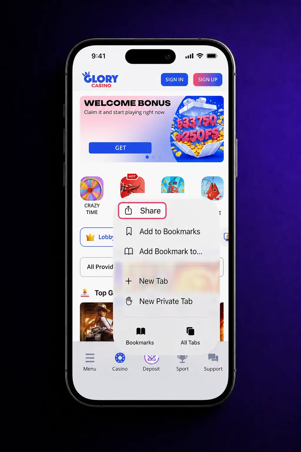 Steps to download and install the Glory Casino app on iOS via configuration profile through Safari