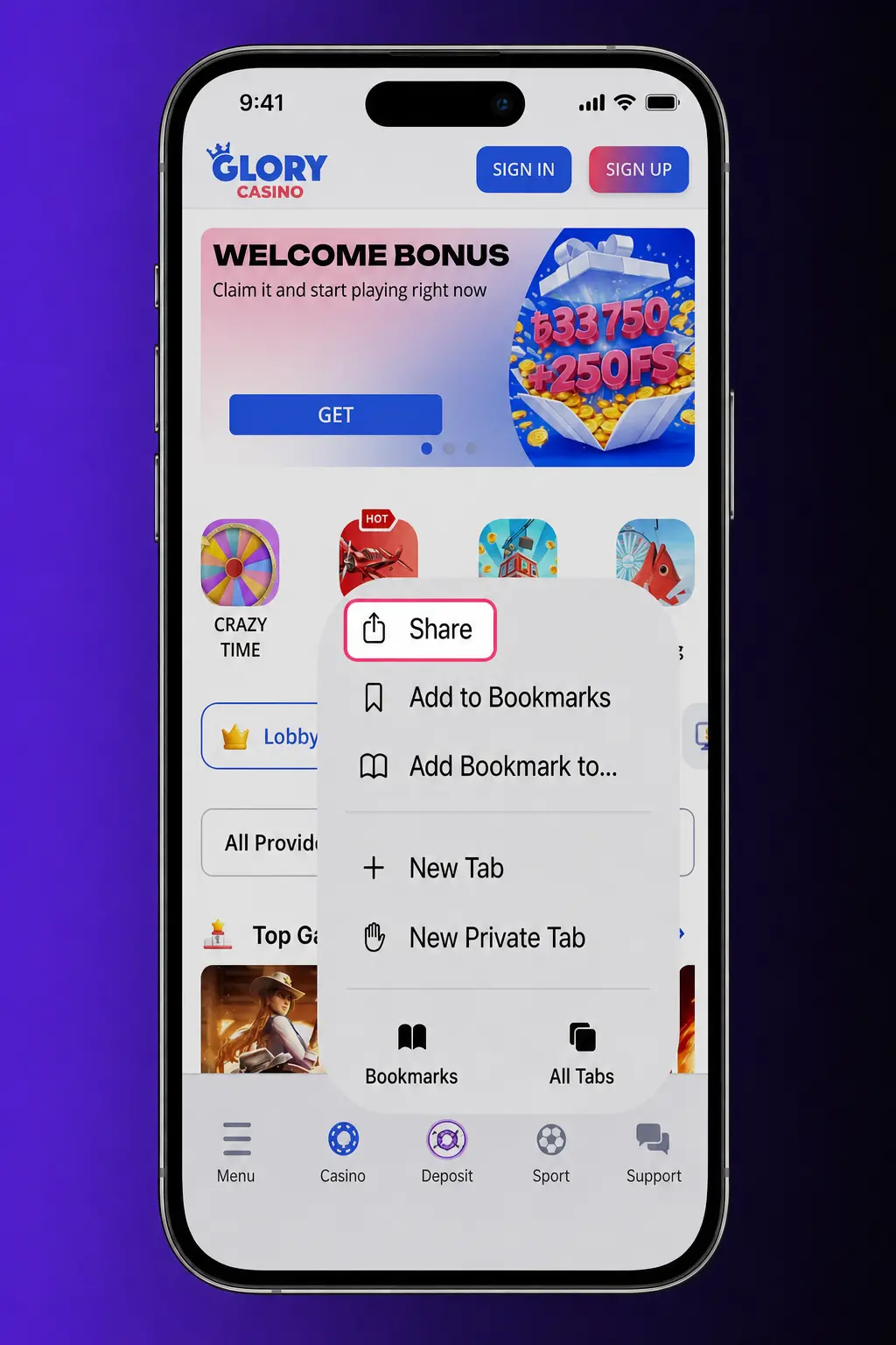 Step-by-step guide showing how to download and install the Glory Casino iOS app on iPhone and iPad in 5 easy steps.