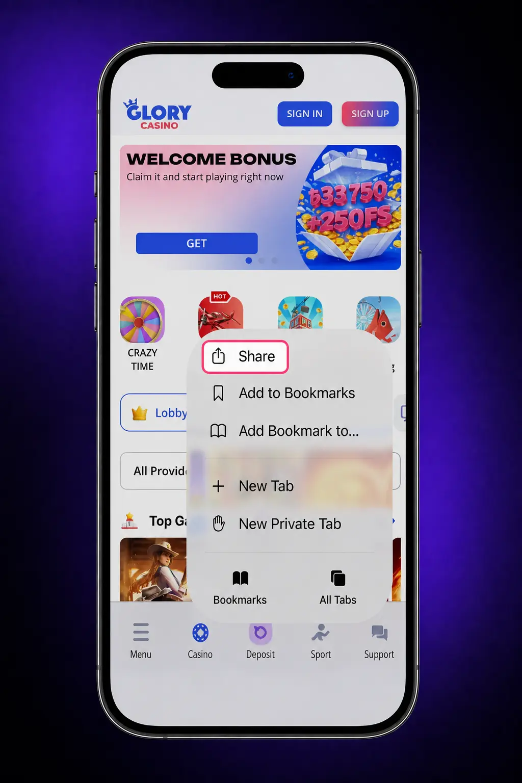 Glory Casino PWA installation steps on iPhone Safari showing Add to Home Screen option for app-like access