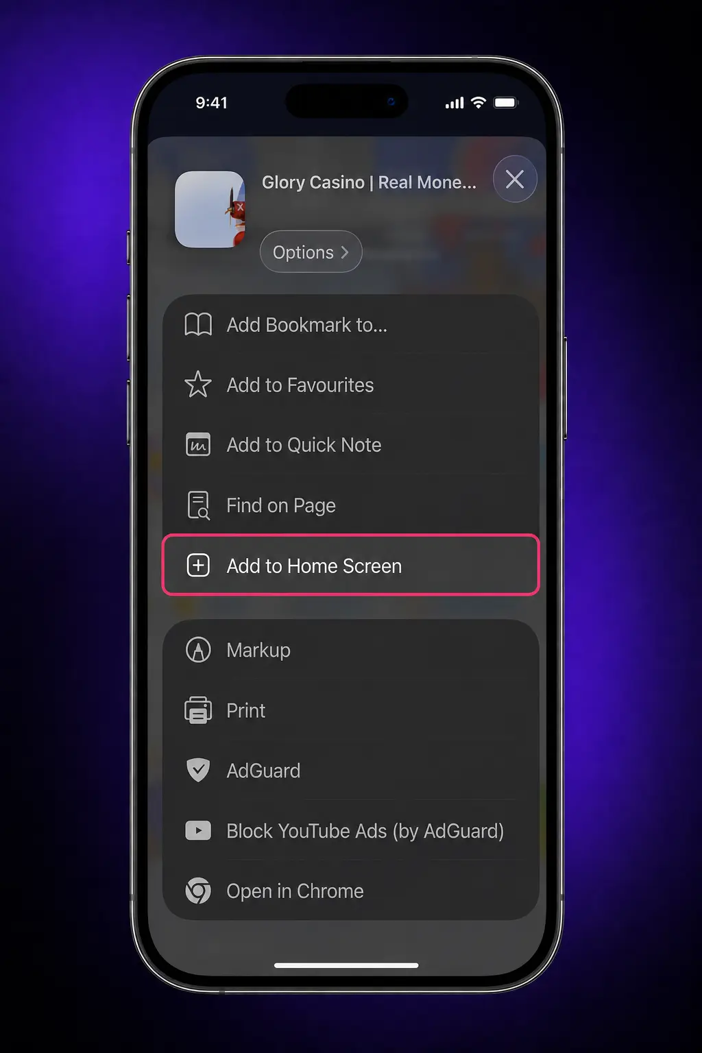 Glory Casino PWA installation steps on iPhone Safari, showing how to add the app icon to your home screen