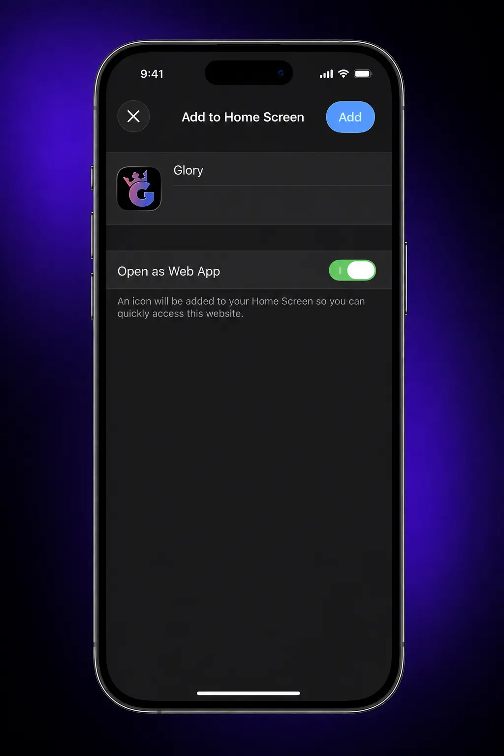 Glory Casino PWA installation steps on iPhone Safari showing Add to Home Screen option