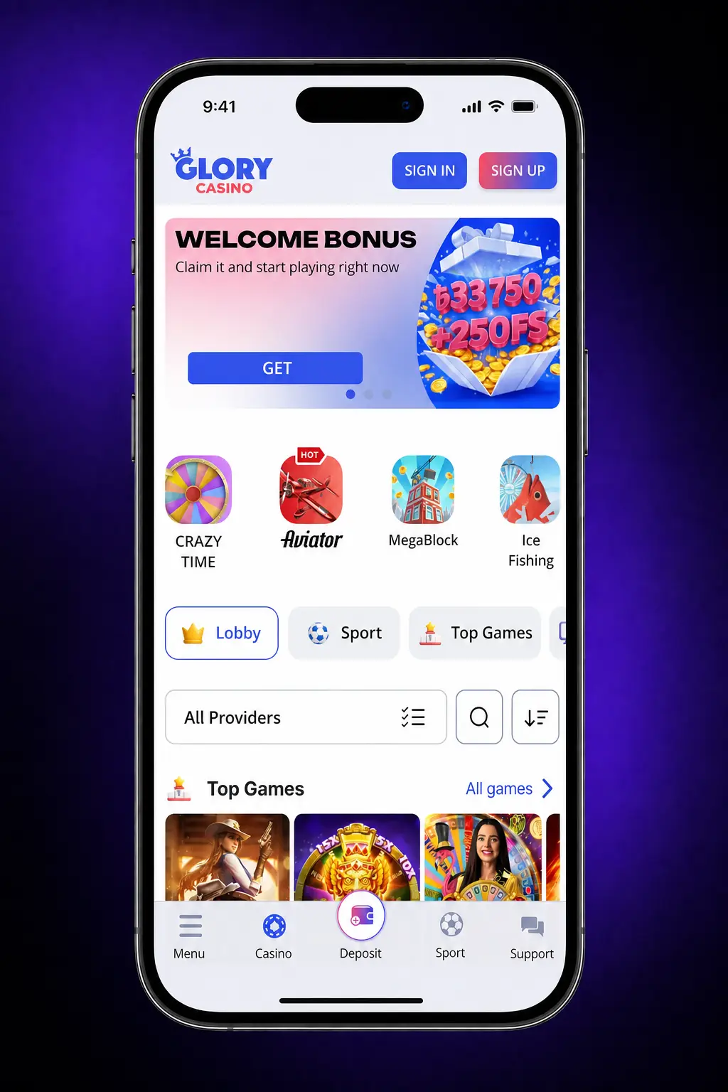 Glory Casino PWA installation steps on iPhone Safari, showing Add to Home Screen process for iOS users