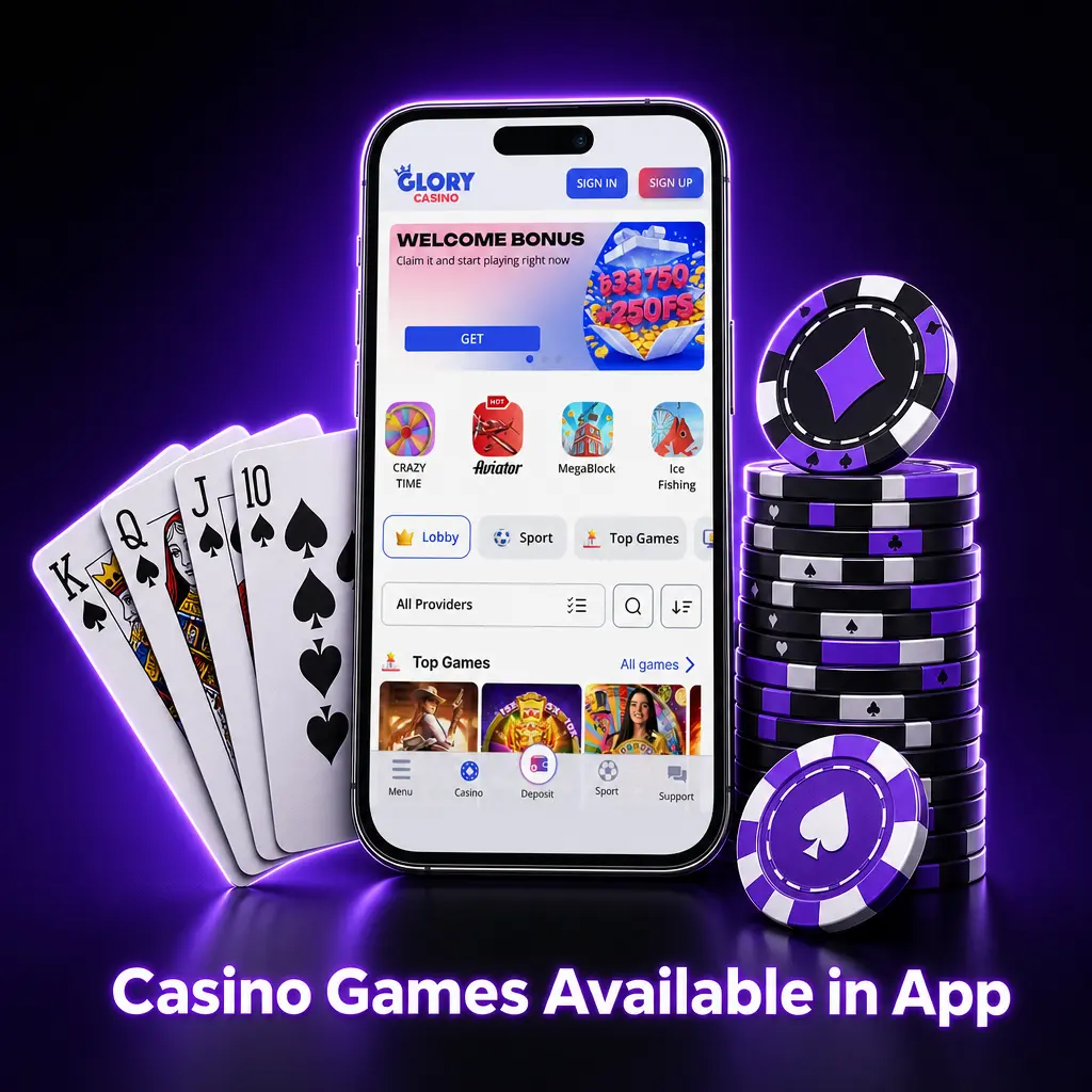 Glory Casino app lobby showing 4,000+ games from Pragmatic Play, Evolution, and Ezugi, including Aviator and Sweet Bonanza.