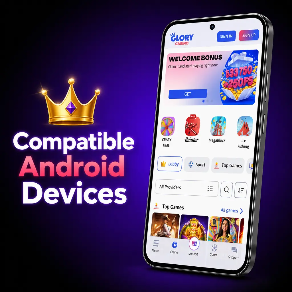List of Android devices compatible with Glory Casino app, including Samsung Galaxy A14, Xiaomi Redmi Note 12, and realme C55