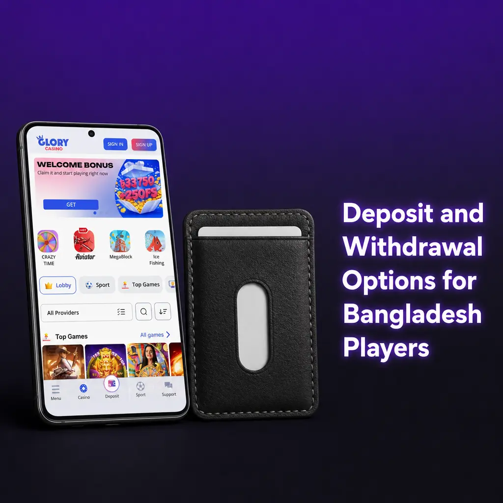 Glory Casino deposit and withdrawal options for Bangladesh players, including Bkash, Nagad, Upay, cards, bank transfer, and USDT