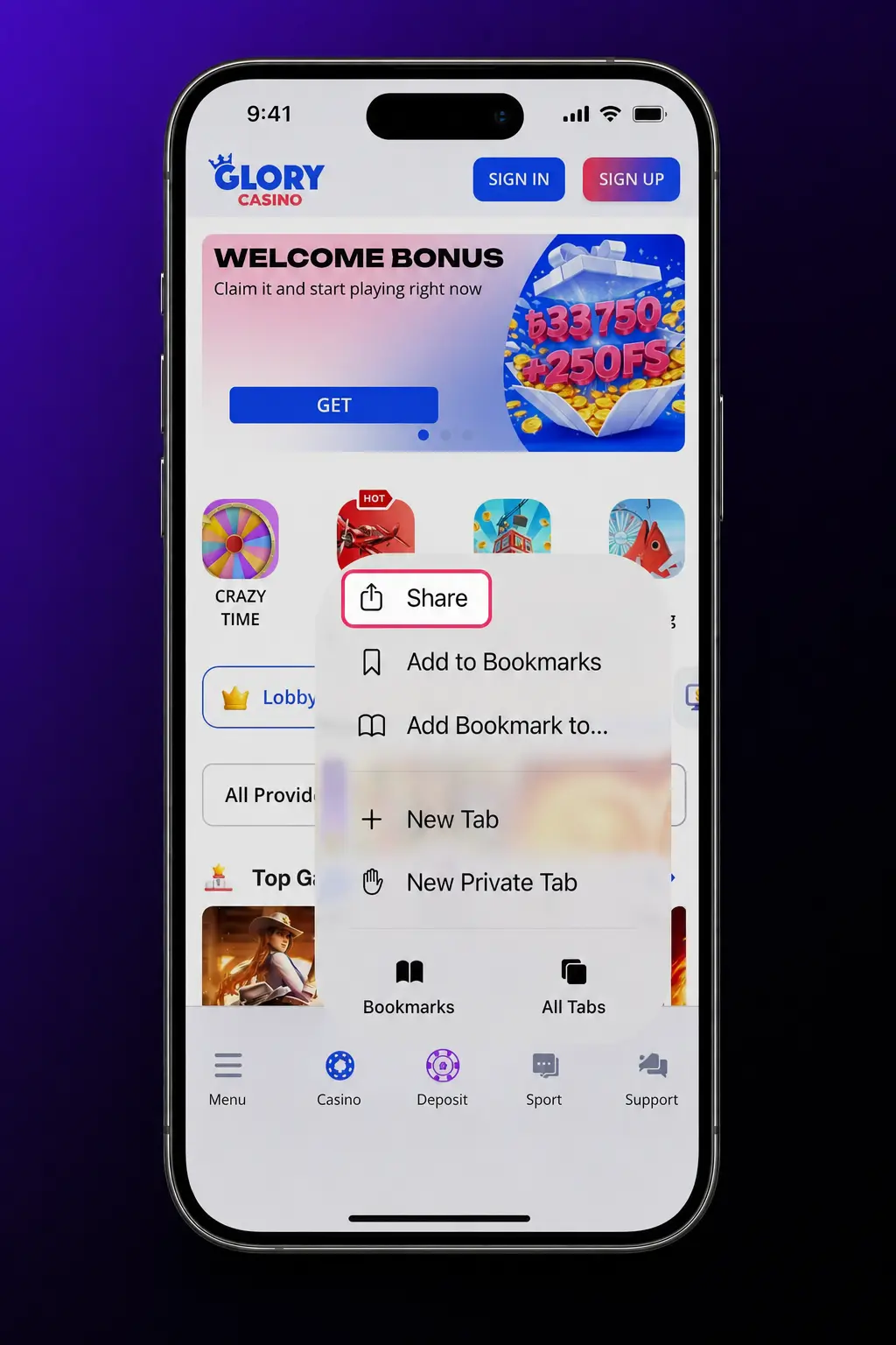 Steps to download and install Aviator on iOS via Glory Casino web app, adding it to the home screen