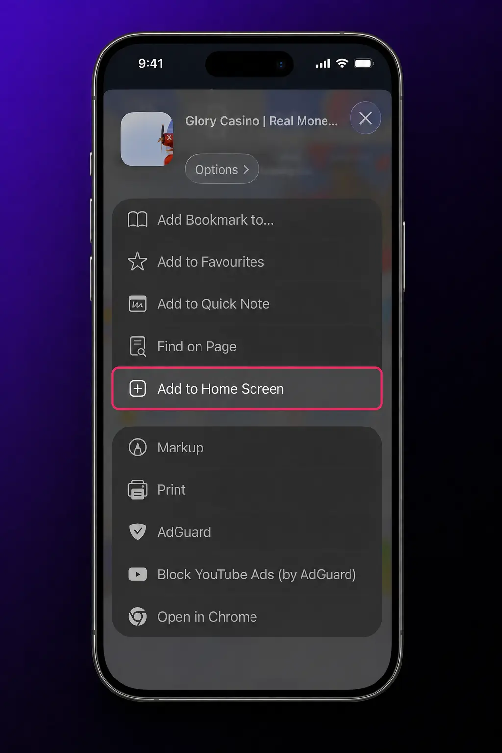 Steps to download and install Aviator on iOS via Glory Casino web app on iPhone or iPad