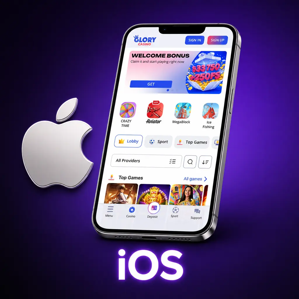 Glory Casino iOS access via Safari mobile website, showing login and Add to Home Screen steps for iPhone and iPad users.