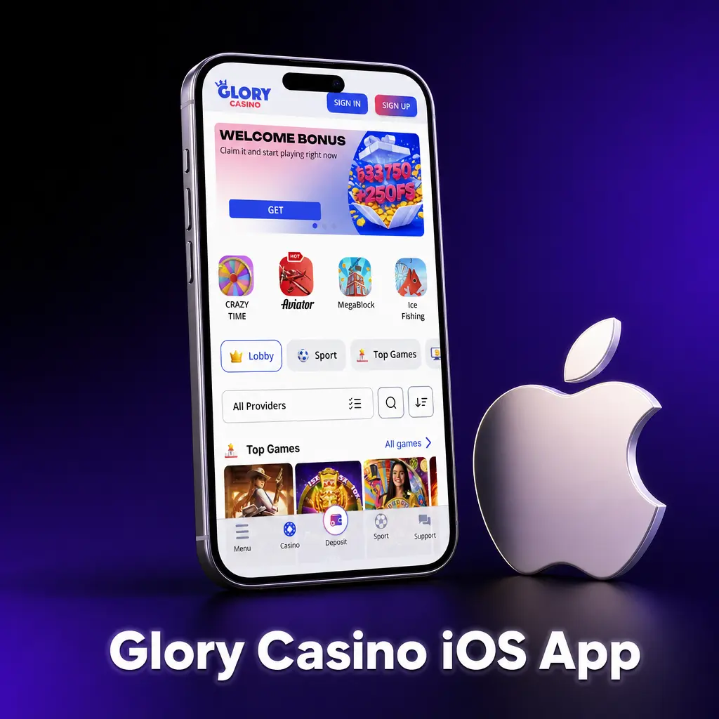 Glory Casino iOS app icon for iPhone and iPad, offering live betting, slots, and table games, free download.