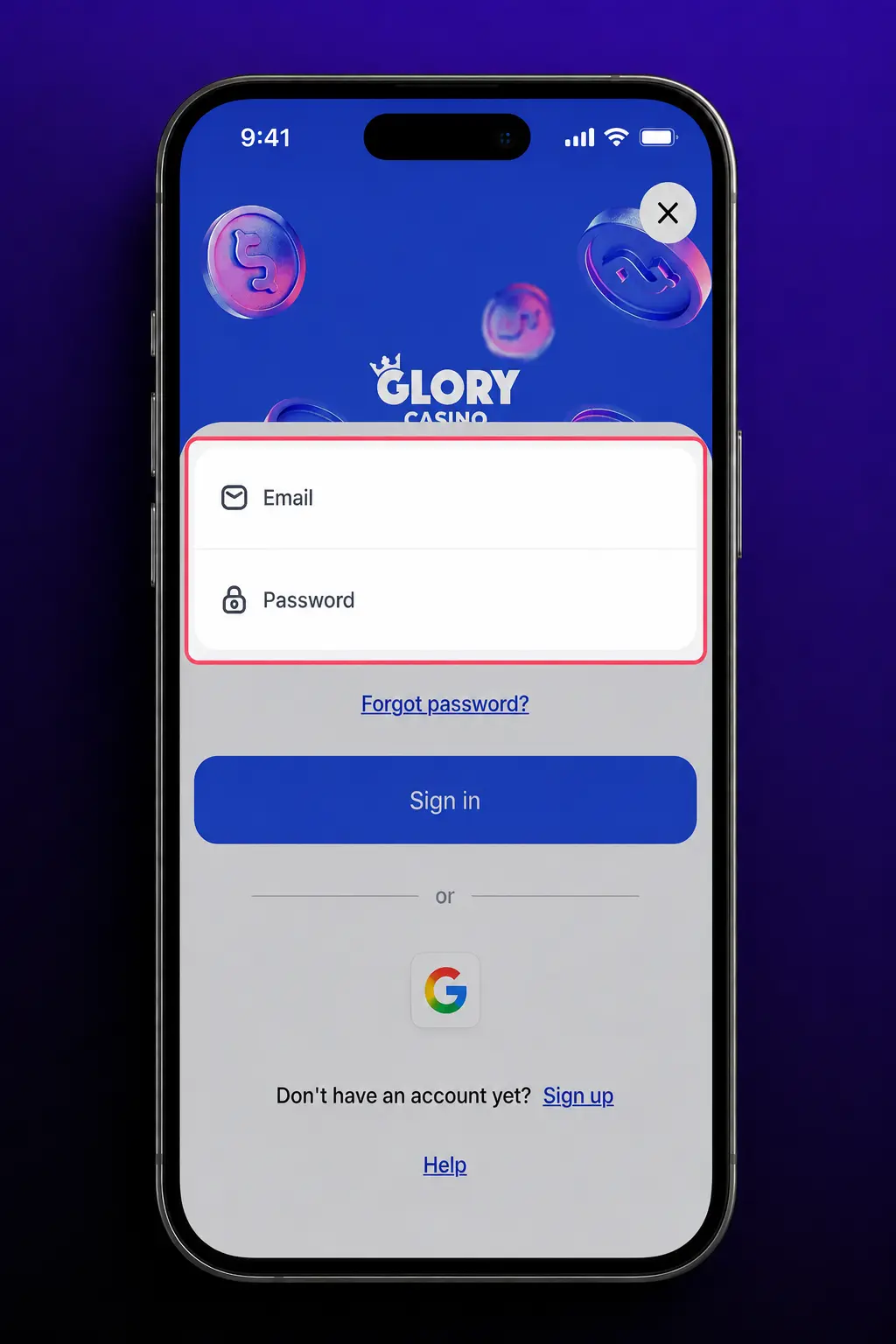 Glory Casino mobile app login screen showing phone number and password fields for quick account access