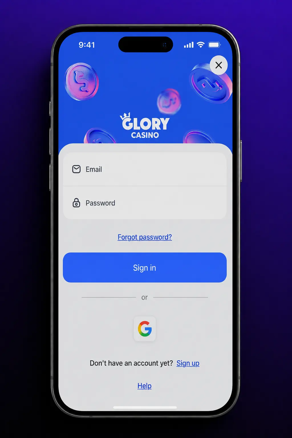 Glory Casino mobile app login screen showing phone number and password fields for quick sign-in access