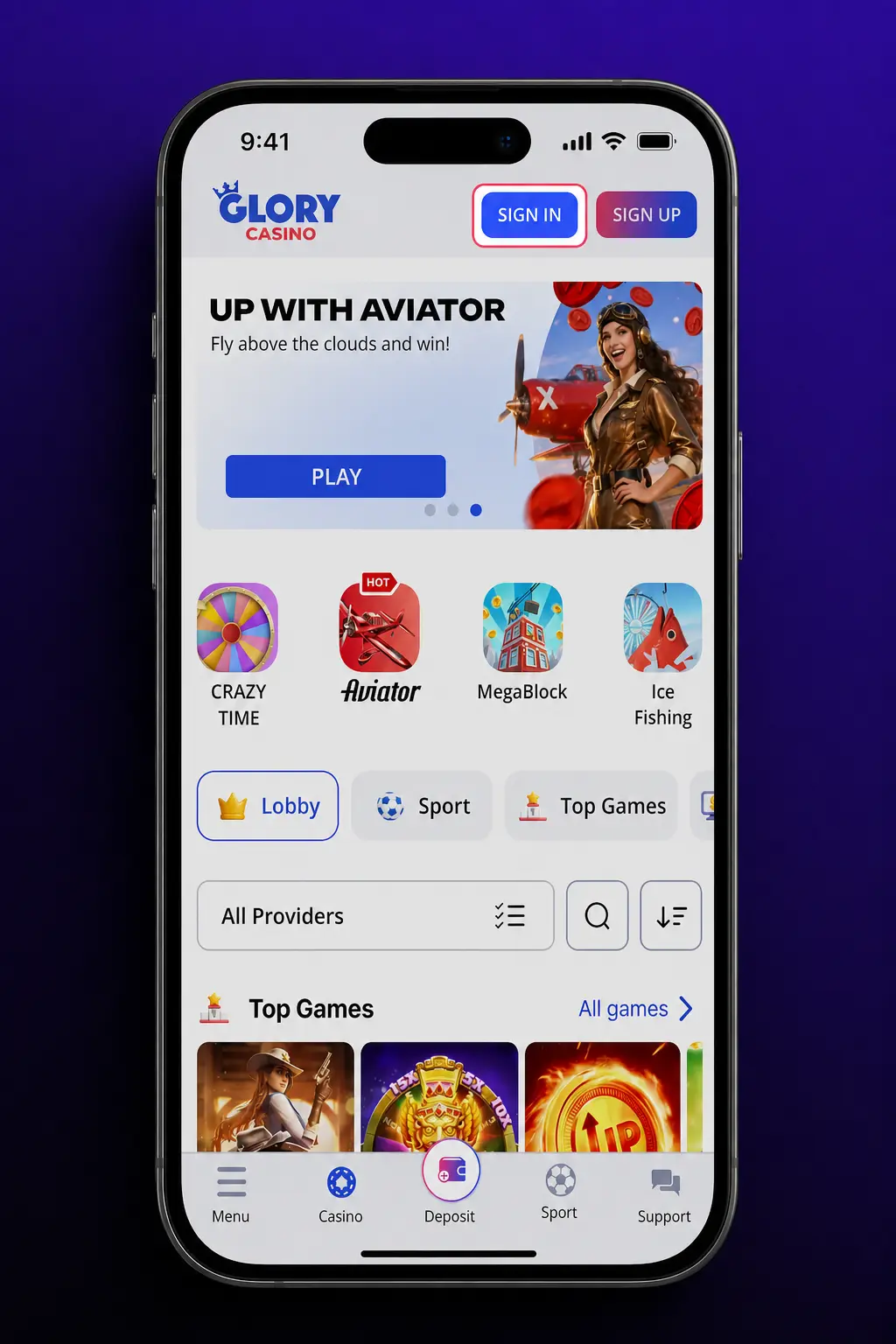 Glory Casino mobile app login screen showing phone number and password fields for quick sign in