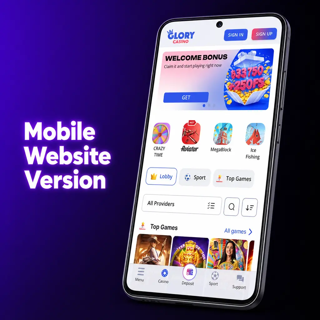 Glory Casino mobile website on Android and iOS, offering full sports betting and casino games via Chrome or Safari, no download needed.