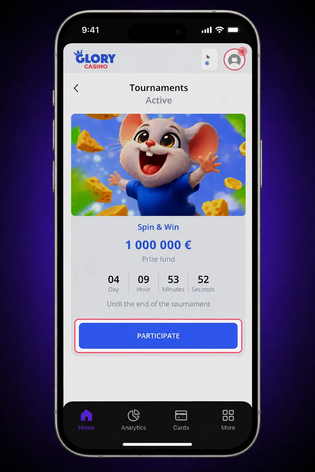 Steps to activate a Glory Casino promo code via the mobile app, showing sign-in, wallet, and bonus code entry.