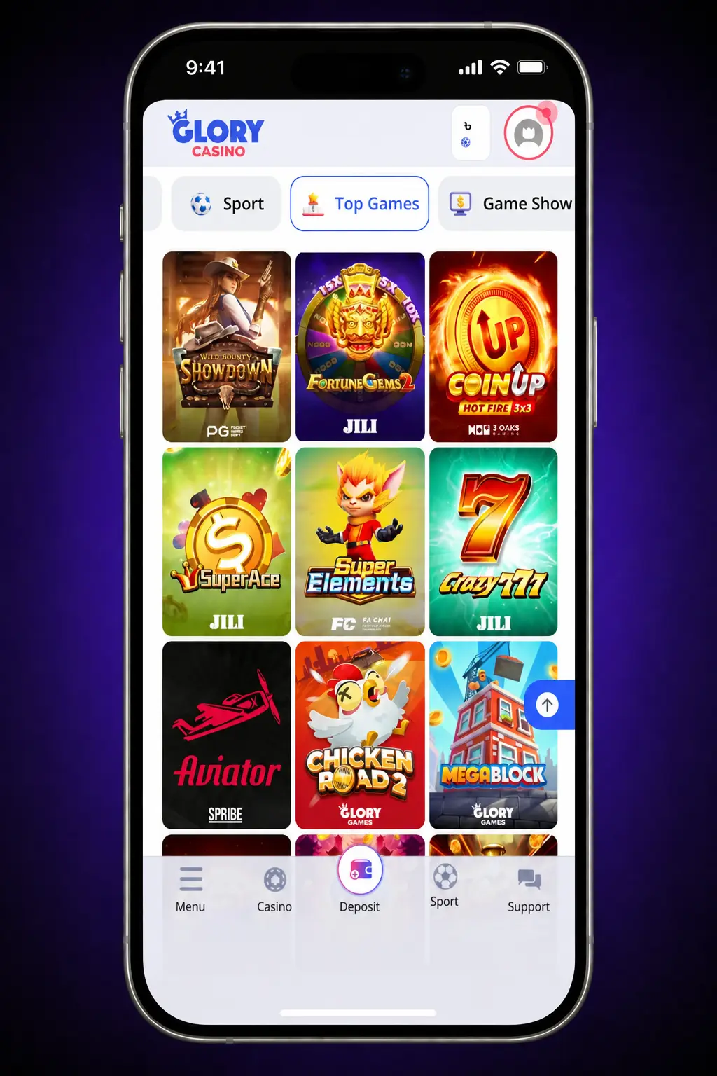 Steps to activate a Glory Casino promo code via the mobile app on Android or iOS devices