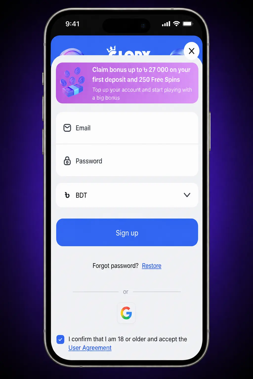 Steps to activate a Glory Casino promo code via the mobile app, showing sign-in, wallet, and bonus code entry fields