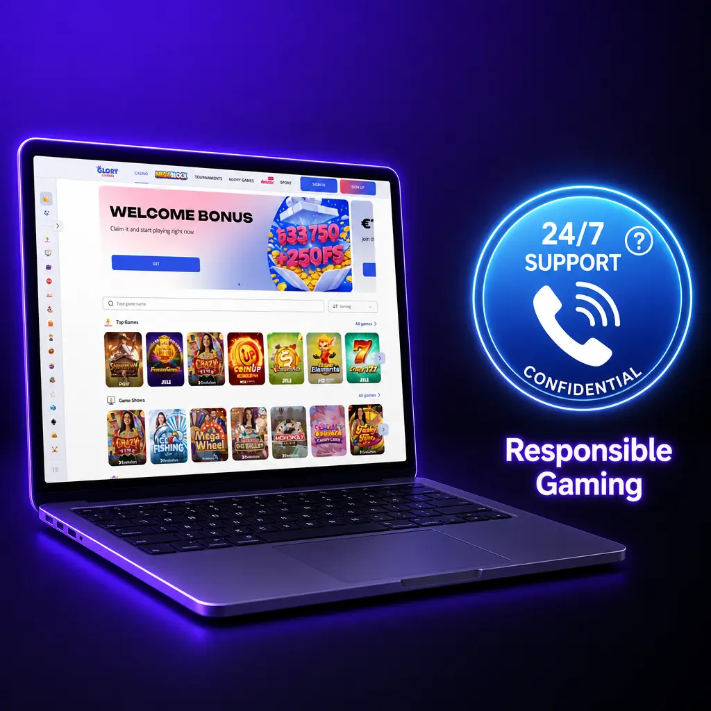 Glory Casino responsible gaming dashboard showing deposit limits, self-exclusion, and reality check tools for safer play