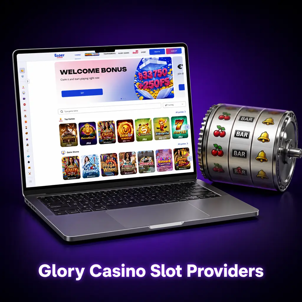 Glory Casino slot providers list showing 32 licensed studios including Pragmatic Play, Play'n GO, and Hacksaw Gaming with game counts