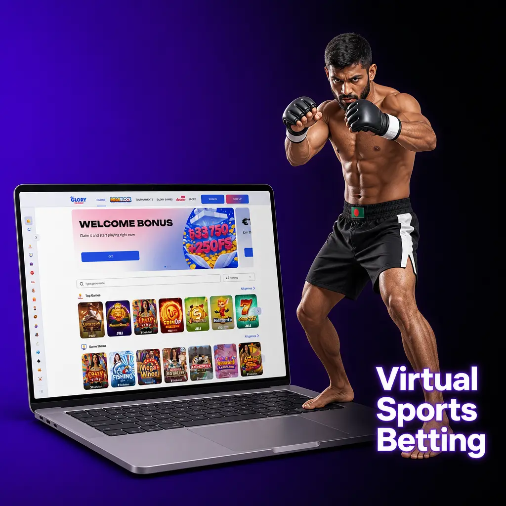 Virtual sports betting on Glory Casino featuring software-generated football, horse racing, greyhound racing, and cricket matches