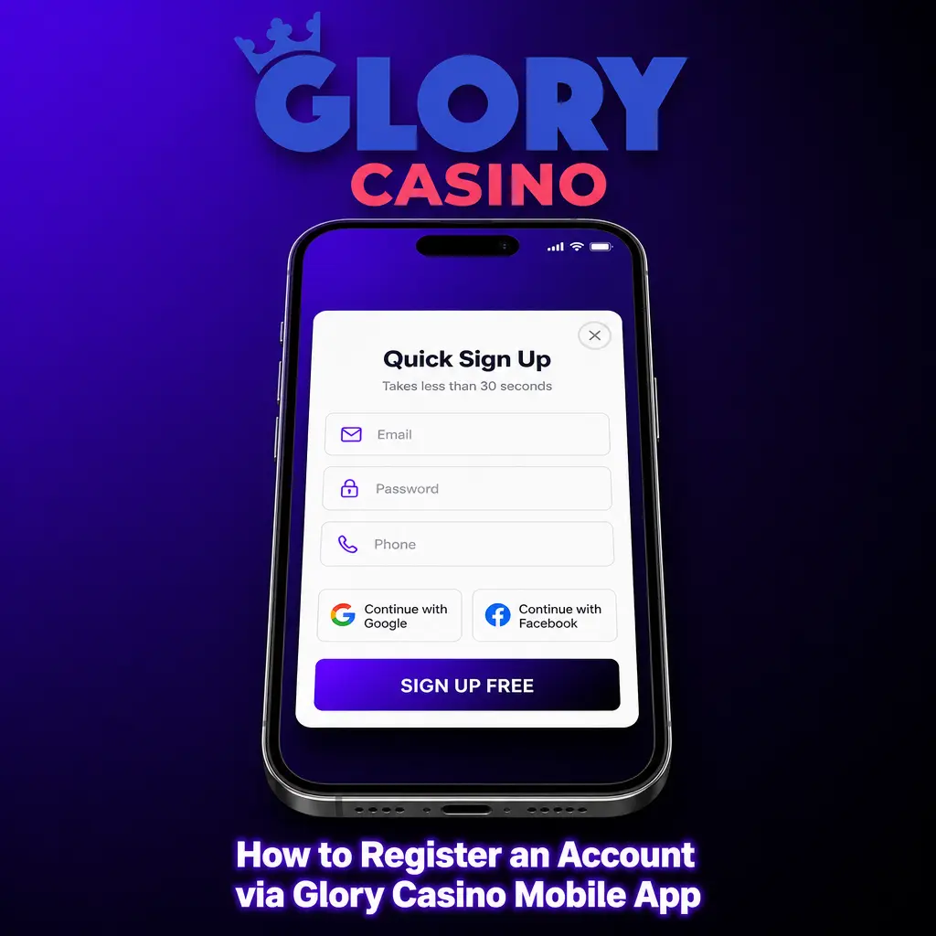 Step-by-step guide to registering an account on Glory Casino mobile app using a Bangladeshi phone number and BDT currency.