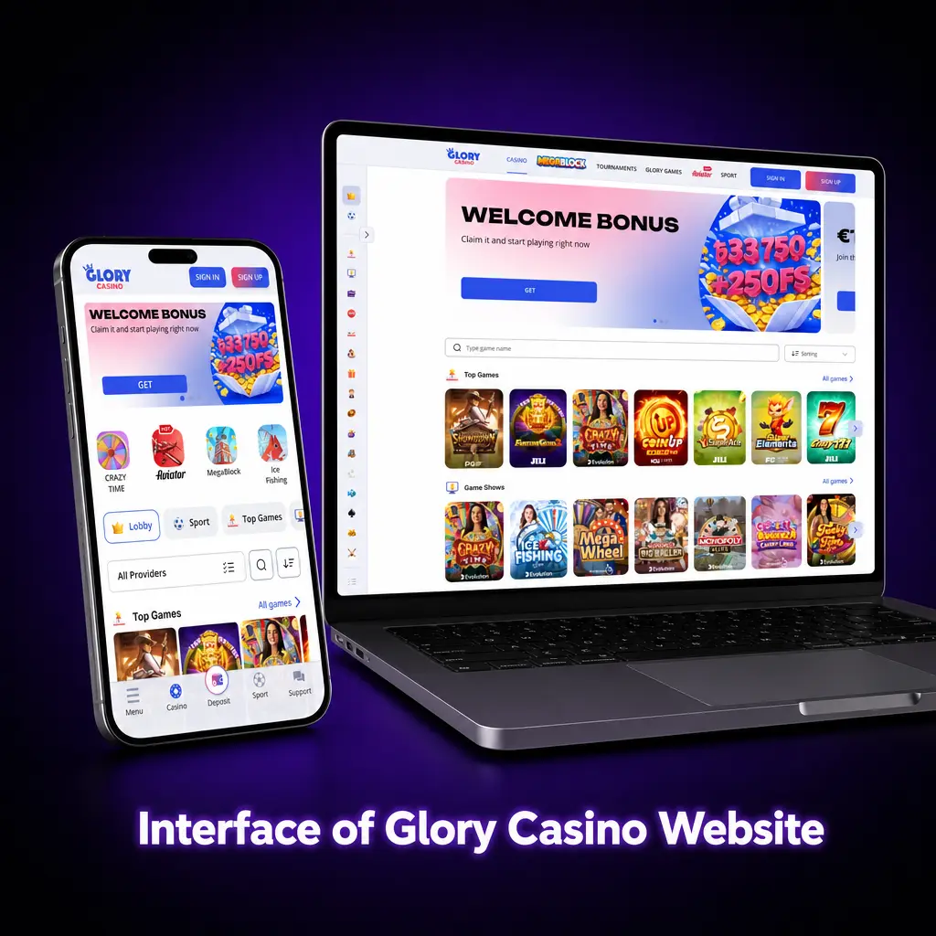 Glory Casino website interface showing top navigation tabs, left league menu, search bar, balance, and account icon