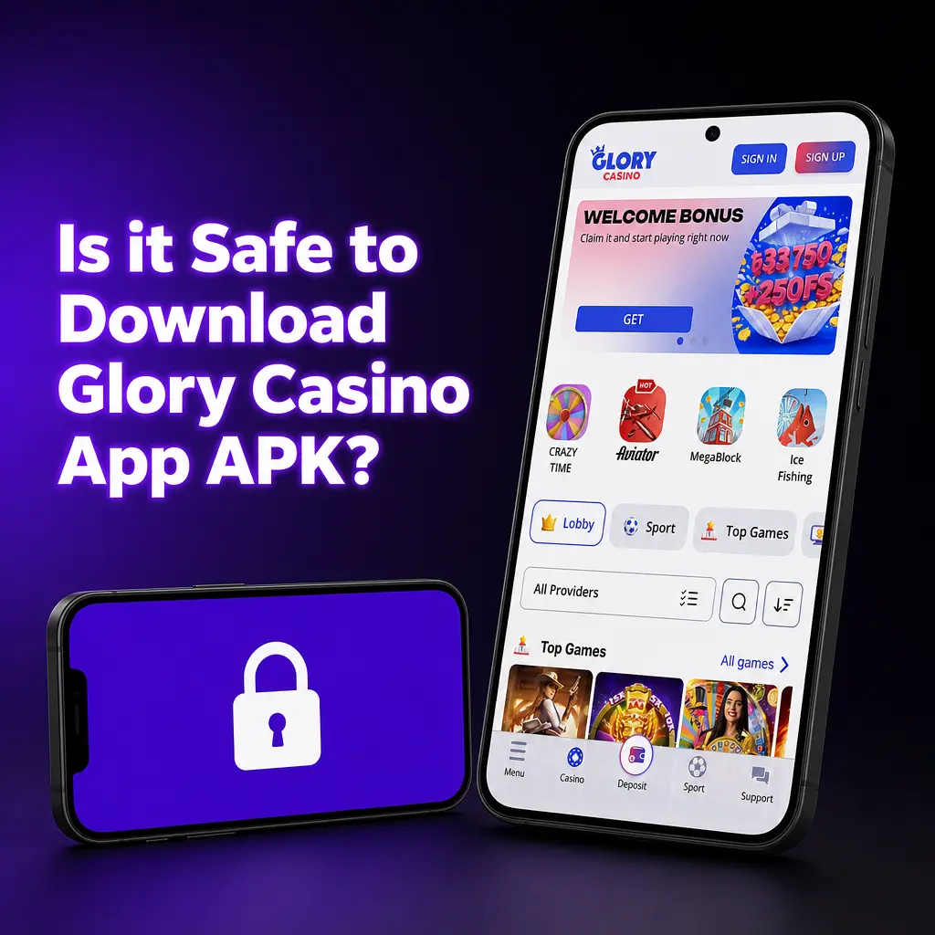 Glory Casino app APK safety shown with Curacao eGaming license and SSL encryption for secure deposits and withdrawals
