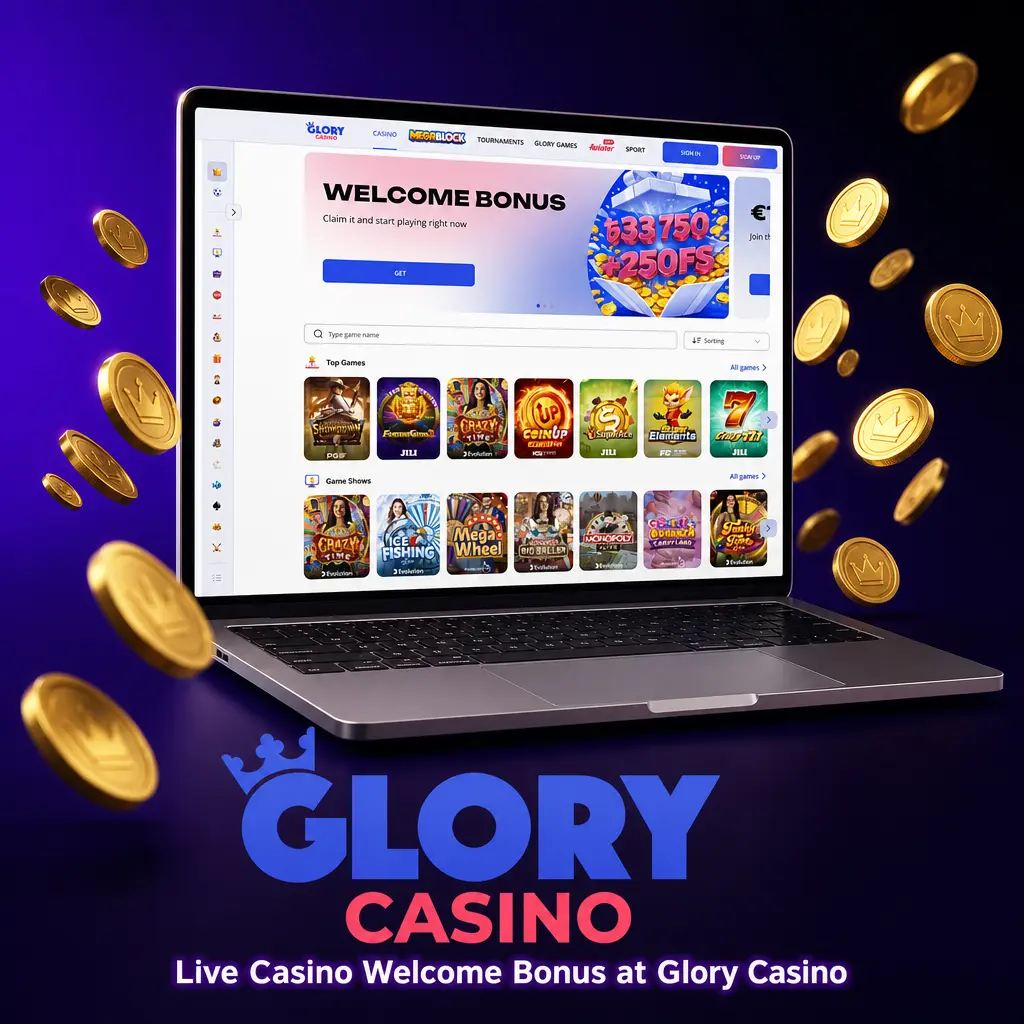 Glory Casino live casino welcome bonus: 125% up to 33,750 BDT plus 250 free spins on first deposit of 500 BDT minimum.