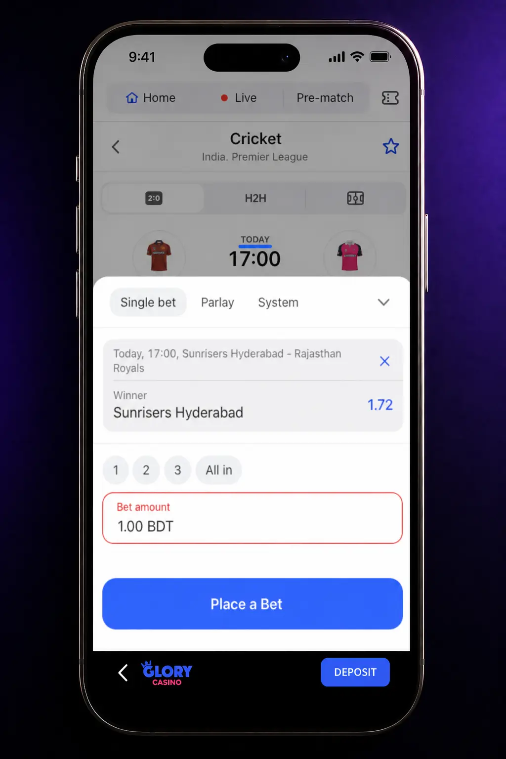 Step-by-step guide to placing your first bet in the Glory Casino app sportsbook section