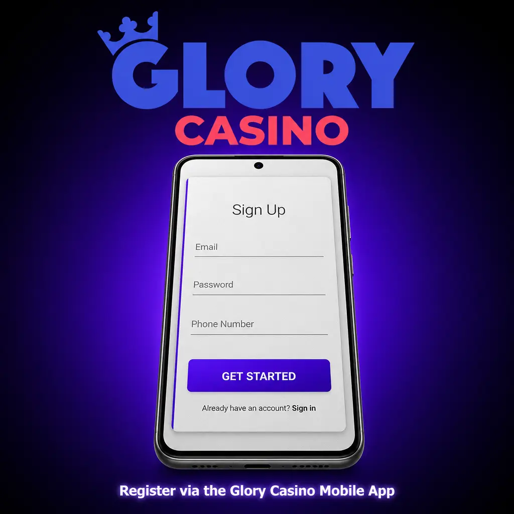 Steps to register an account on the Glory Casino Android app using phone, email, social media, or one-click sign-up.