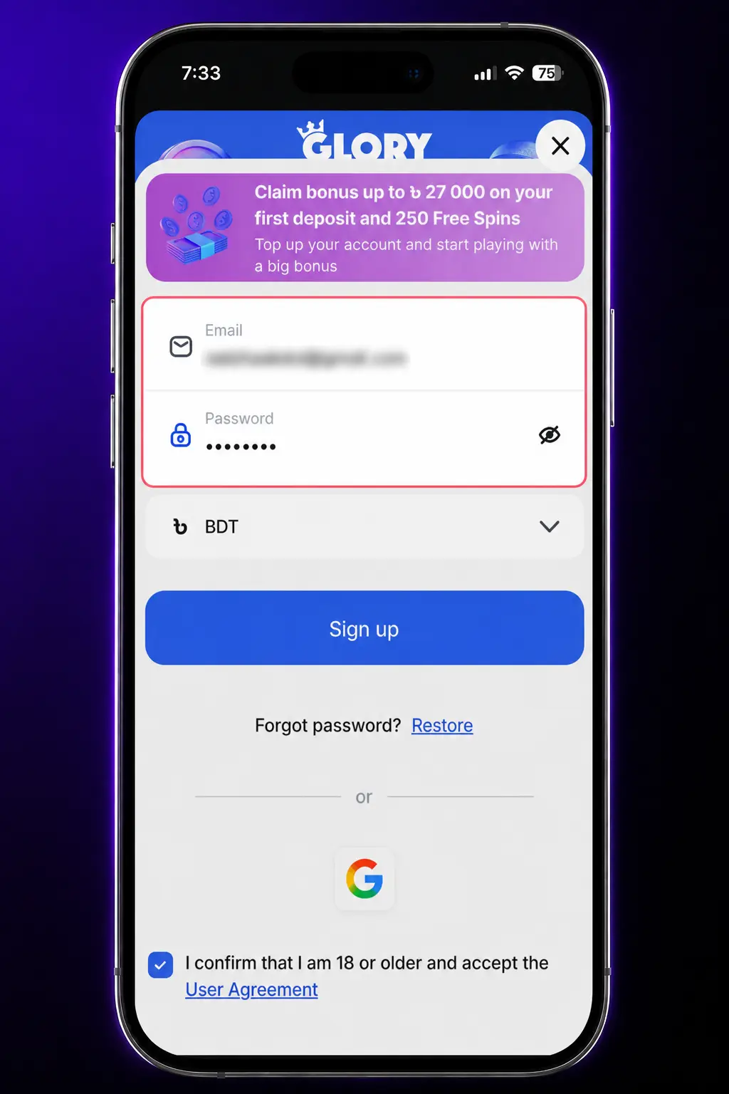 Step-by-step registration screen on Glory Casino app showing phone number entry, currency selection, and account signup process
