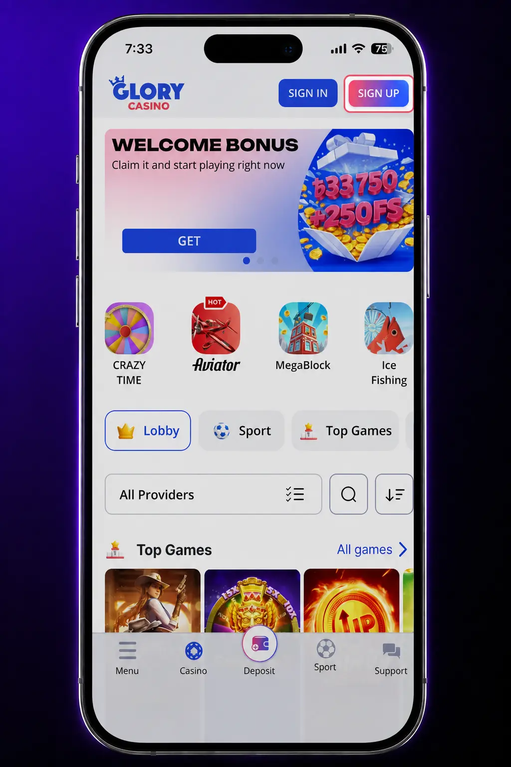 Step-by-step registration screen in Glory Casino app showing phone number, currency selection, and SMS verification process