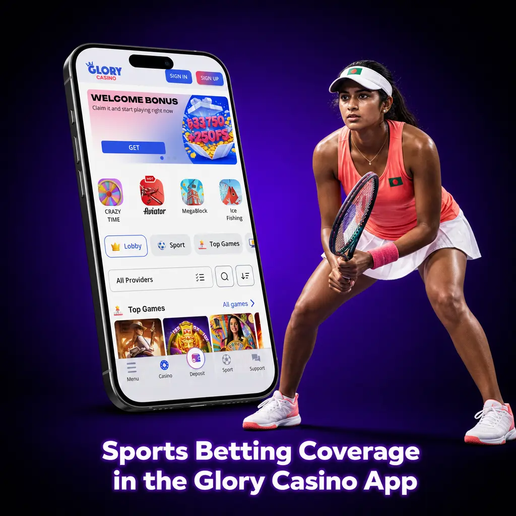 Sports betting coverage in the Glory Casino app: LIVE and LINE modes, cricket, football, tennis, kabaddi, eSports, and live streaming
