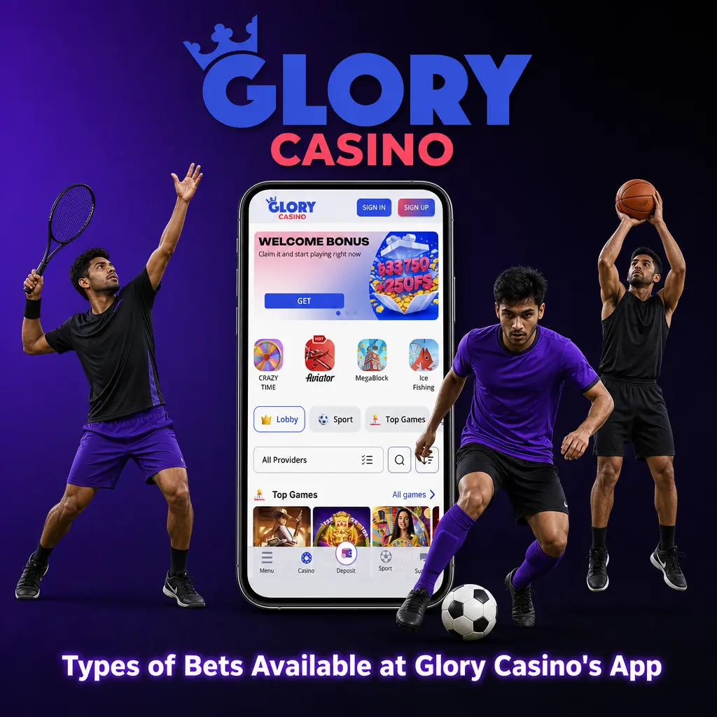Overview of bet types on Glory Casino's app: single, accumulator, system, each-way, and live betting options.