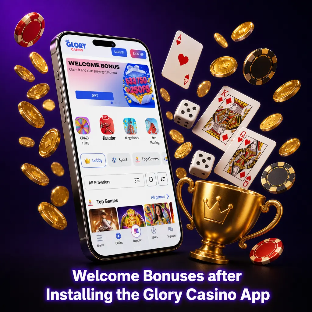 Glory Casino app welcome bonus: 125% deposit match up to 33,750 BDT plus 250 free spins for new players on first deposit.