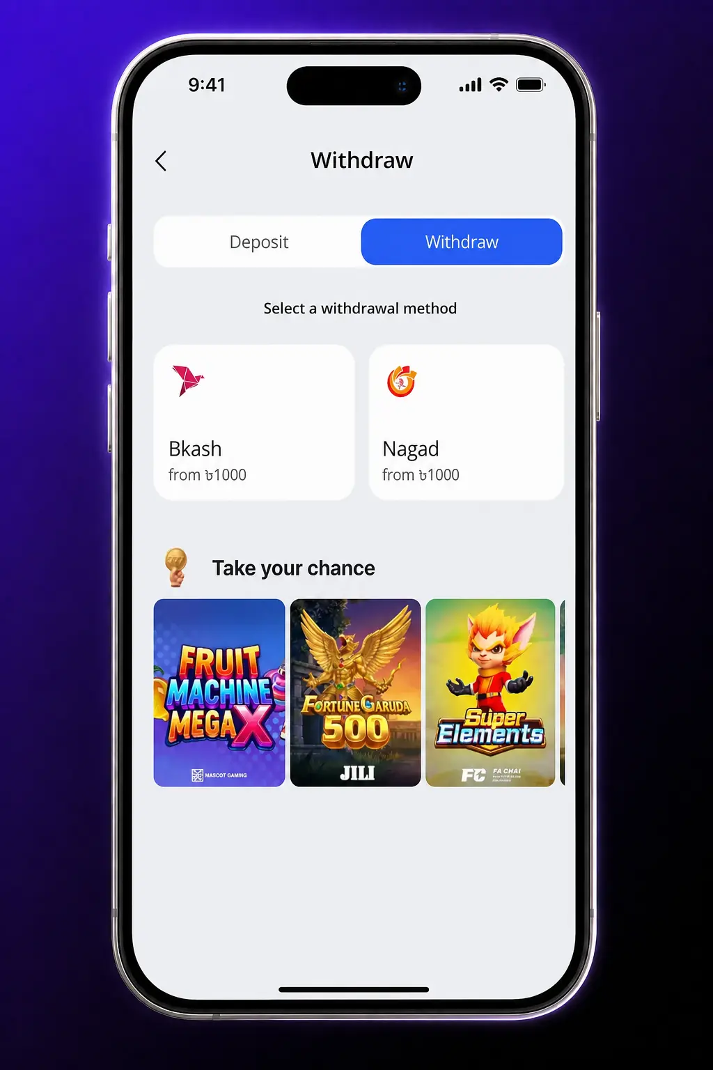 Step-by-step guide showing how to withdraw money from Glory Casino using bKash, Nagad, or Upay in Bangladesh